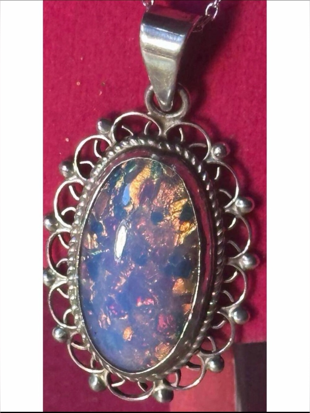 Pendant Artisan VTG Mexican Opal 1.5 inches sterling Silver 925 hallmarked  18”